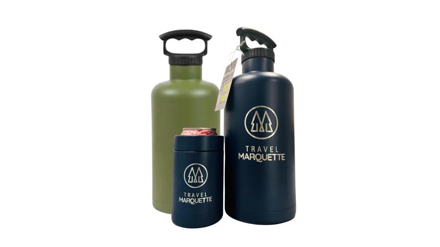 Brew pass prizes - an olive green and navy 64 oz stainless steel growler and 12 oz navy can cooler