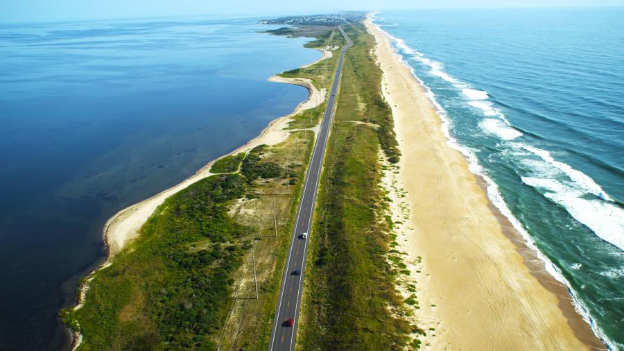 Road on A Straight Surrounded by Water in the Outer Banks of North Carolina