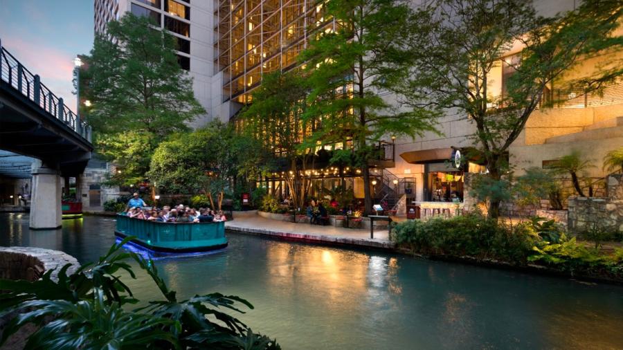 River barge floating in front of hotel