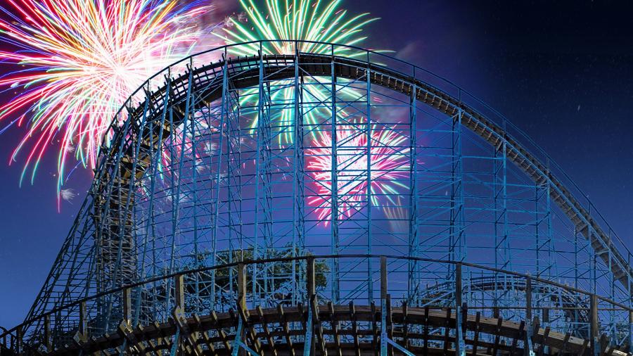 Fireworks over a rollercoaster