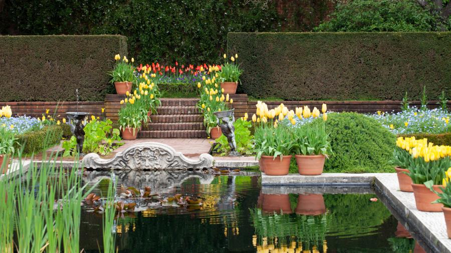 A water feature at Filoli Historic House & Garden is surrounded by bright springtime flowers.