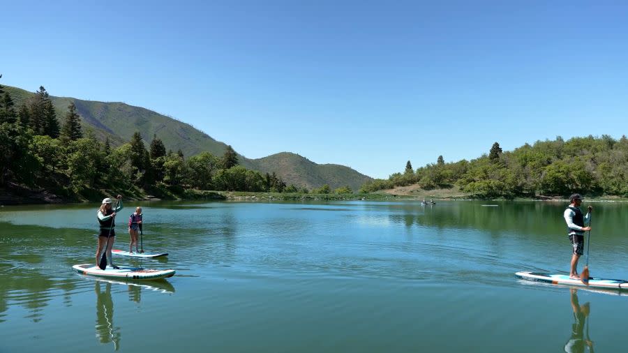 three riders on paddle boards on maple lake