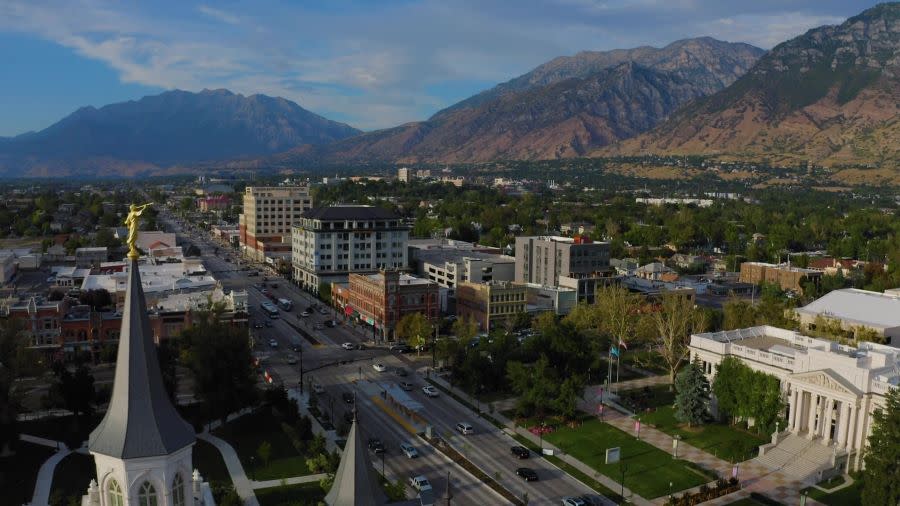 Downtown Provo aerial facing northeast mountains