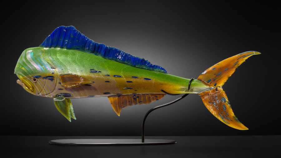 A glass fish sits on display at the Clearly Indigenous art exhibit