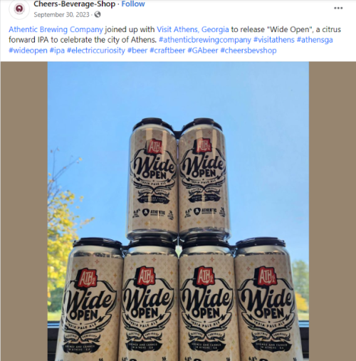 A screenshot of a Facebook post from Cheers Beverage Shop showing 6 Wide Open IPA's stacked in front of a window