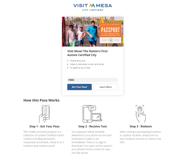 A screenshot of Visit Mesa's autism travel page featuring instructions on how to engage with their Live Life Limitless passport