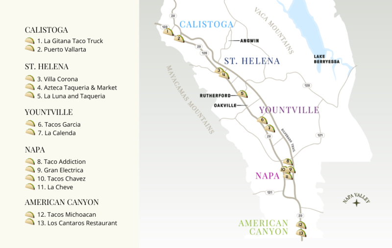 Map of the Napa Valley Taco Trail with plotted destinations