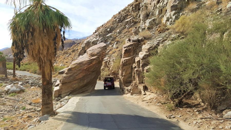 Red Desert Adventures jeep driving through the rock formations and palm‑lined canyon walls of Palm Canyon during a Palm Springs outdoor tour.