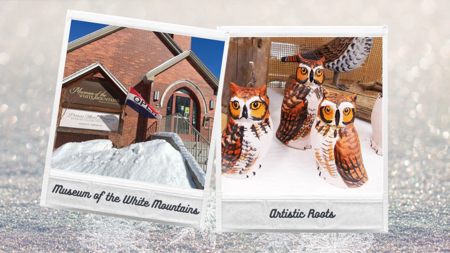 Museum of the White Mountains (exterior) & wood owl sculptures at Artistic Roots
