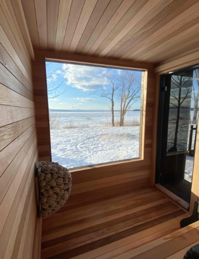 The view from inside the Savu Spa sauna in Burlington overlooking Lake Champlain
