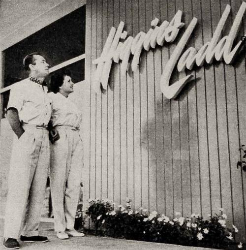 Alan Ladd has his wife in front of Higgins Ladd Hardware Store