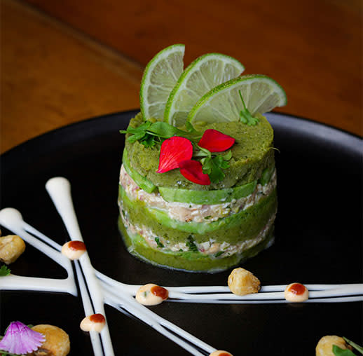 Layered tuna and avocado tartare tower