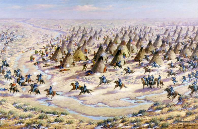 Painting showing the devastation of the Sand Creek Massacre by Robert Lindneaux.