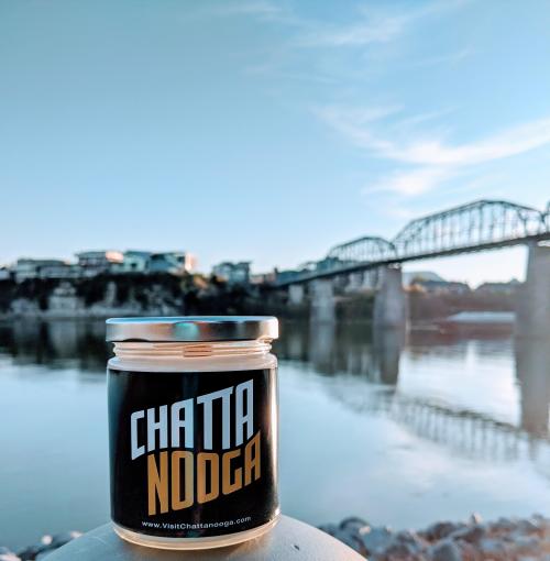 Chattanooga candle with river, bridge, and Hunter Museum in background