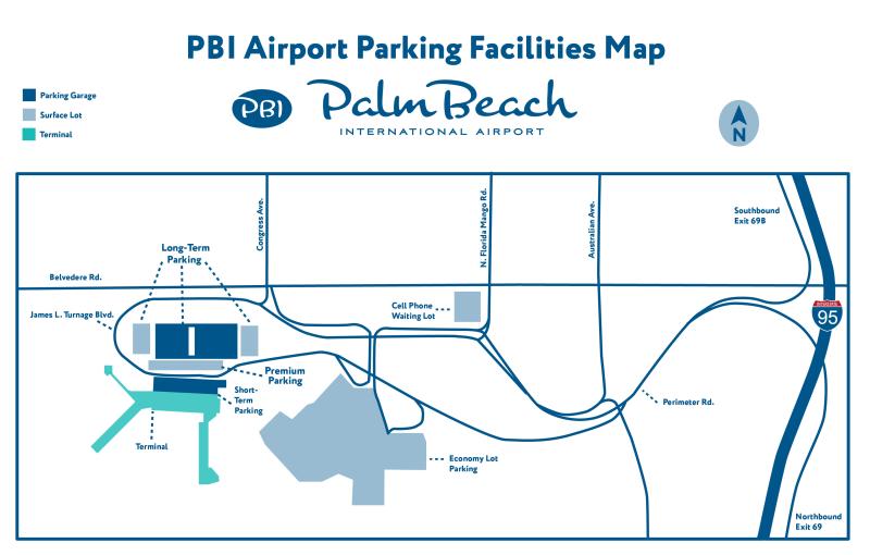 Illustrated map of Palm Beach International Airport parking facilities. The terminal is on the west side, with Short-Term and Premium parking adjacent to it and Long-Term parking just north. The Economy Lot is located southeast of the terminal, and the Cell Phone Waiting Lot is northeast of the main entrance. Surrounding roads include James L. Turnage Boulevard, Belvedere Road, Congress Avenue, Australian Avenue, and Interstate 95 with exits 69 and 69B marked. A legend identifies parking garages, surface lots, and the terminal.