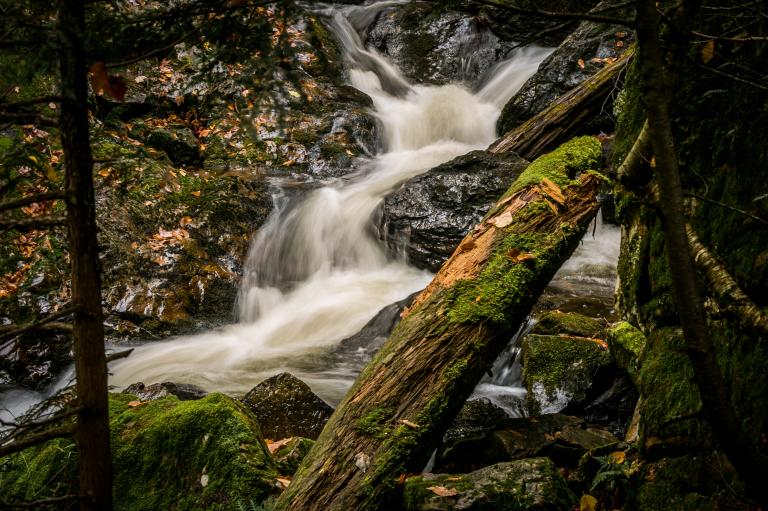 A long exposure shot of Big Pup Creek Falls in the fall