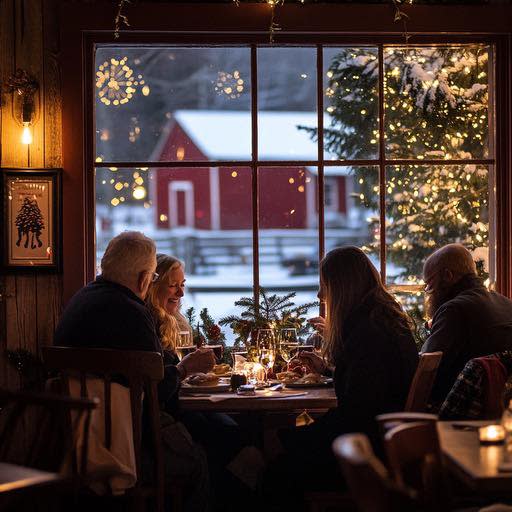 En familie sitter ved et juledekket bord og spiser. Utenfor kan man se et snødekket rødt hus. Foto.