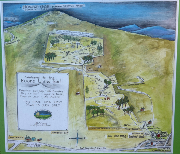 A map details the route for hikers to take on the Boone United Trail.
