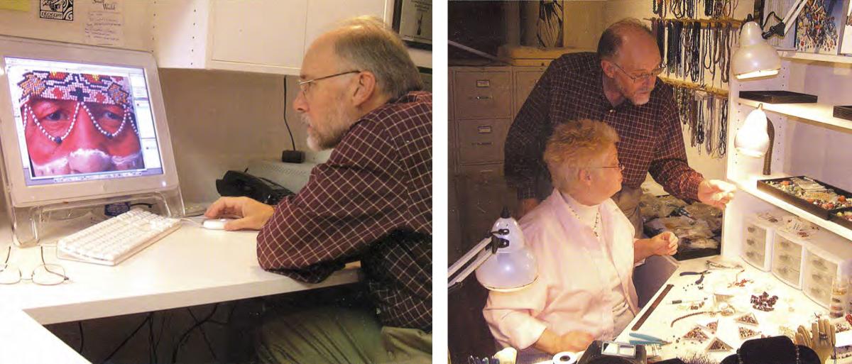 two images. Left image of a man sitting at his desk looking at a photo on his computer. Right image, man is standing next to a sitting woman looking at jewelry pieces