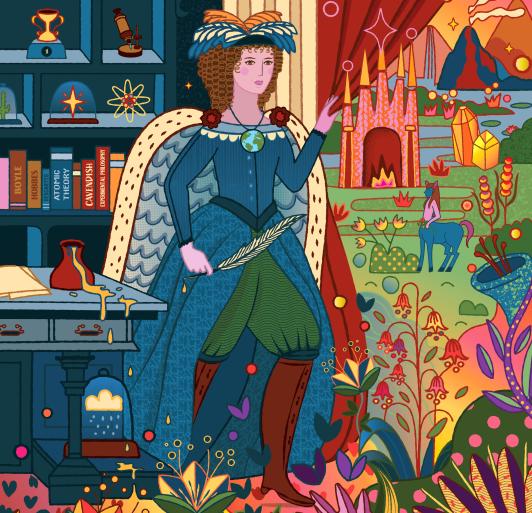 Image shows Margaret Cavendish gazing out of window at magical fantasy landscape