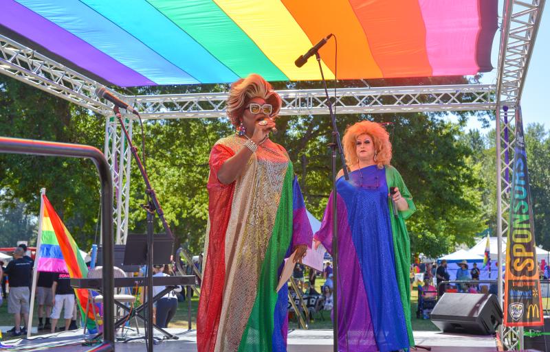 Eugene Pride Festival stage featuring drag queen hosts