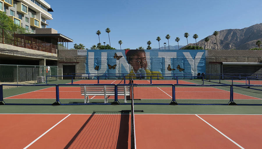 This unique outdoor venue boasts six expansive pickleball courts (over 11,000 square feet) and an unforgettable atmosphere adjacent to our downtown hotel, available exclusively for hotel guests to enjoy.