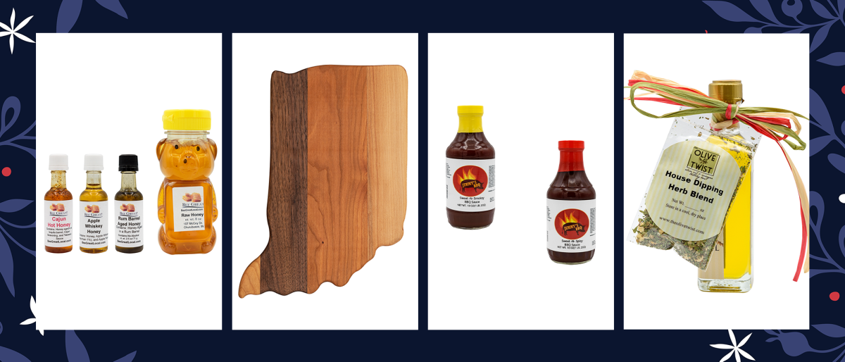 graphic showing fort wayne holiday gifts including local honey, bbq sauce, olive oil and bread dipping seasoning, and an indiana wood cutting board