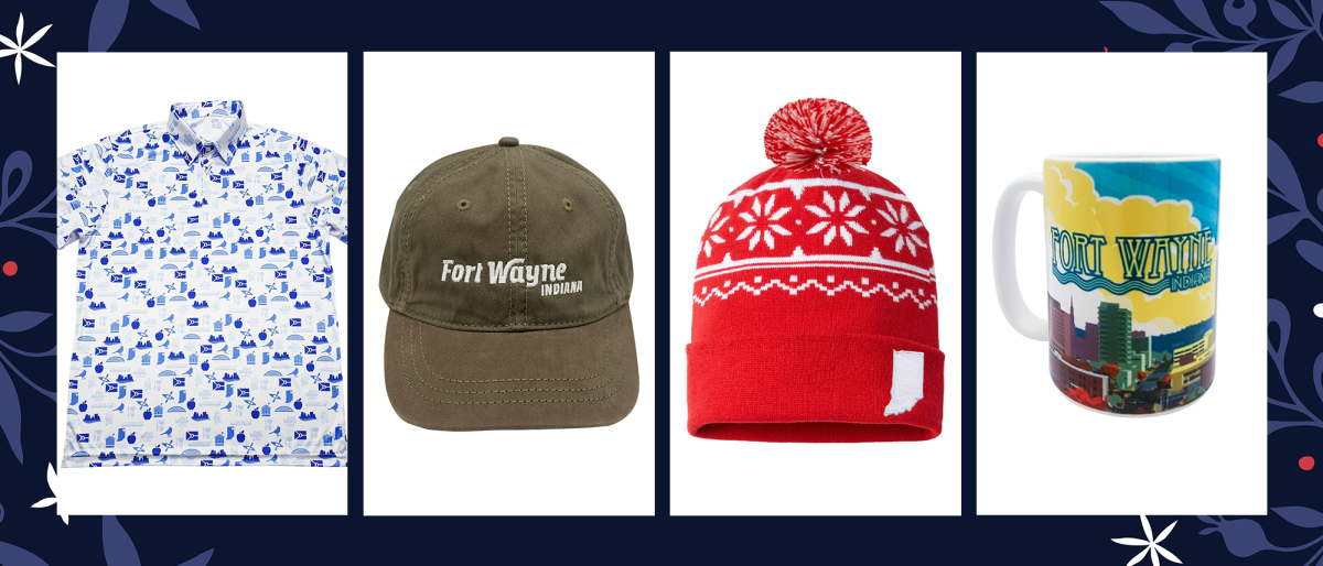 graphic showing fort wayne holiday gifts including a golf polo, baseball hat, winter beanie hat, and a coffee mug