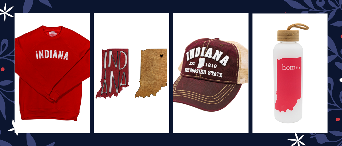 graphic showing fort wayne holiday gifts including an Indiana crewneck sweatshirt, two magnets, a burgundy hat, and a glass water bottle