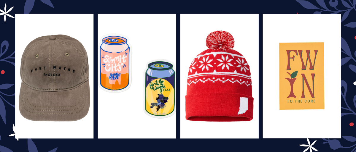 graphic showing fort wayne holiday gifts including a hat, three stickers, and a red winter beanie hat