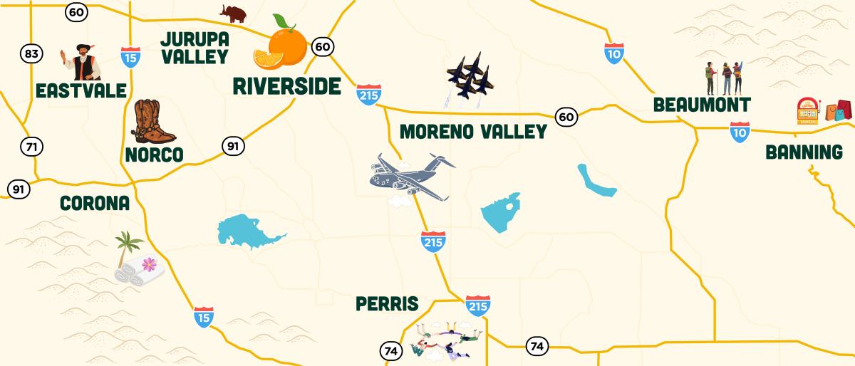 A map illustration of Riverside County Reimagined area featuring Riverside, Norco, Corona, Eastvale, Jarupa Valley, Moreno Valley, Perris, Beaumont, and Banning California.