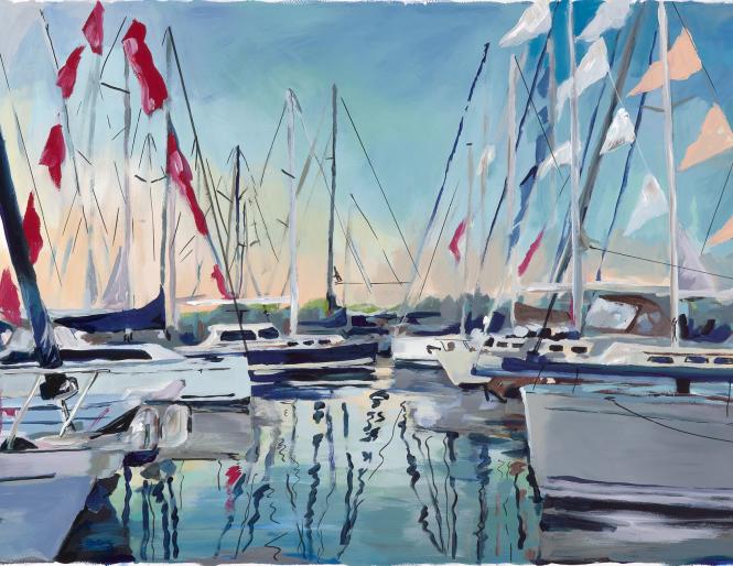 A painting of boats along a harbor with pennant flags flying