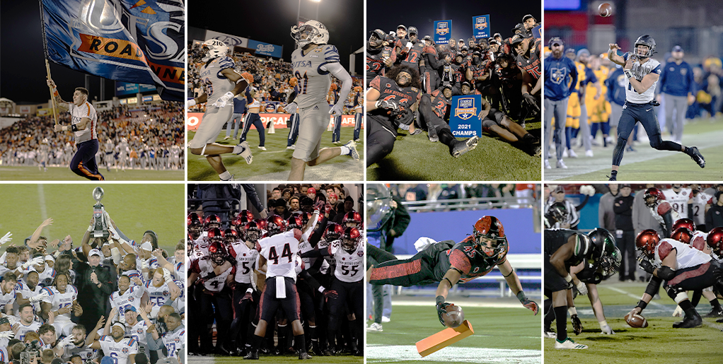 Collage of eight pictures from past Frisco Bowl games