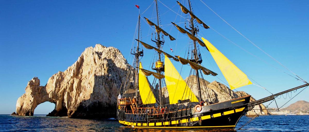 A boat in the style of a pirate ship on the waters near Los Cabos