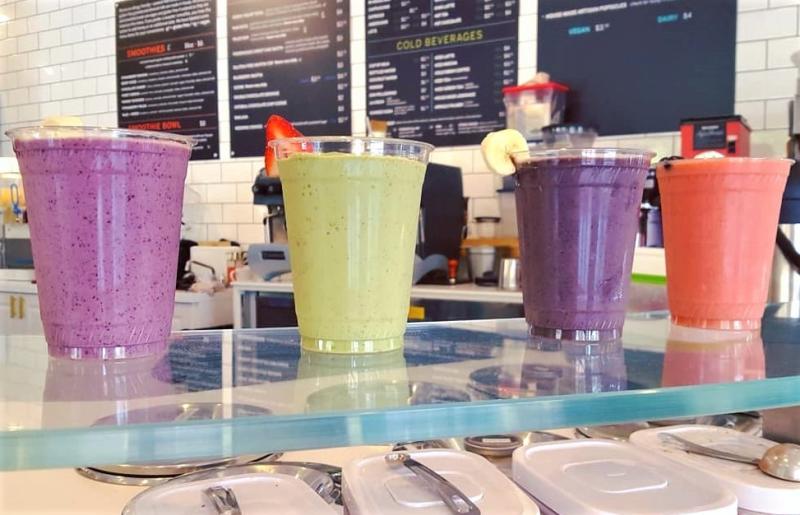 Four different smoothies from Feta Kitchen & Cafe In Bloomington, IN