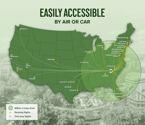 Greenville, SC: Easily accessible by air or car. Infographic with a US map featuring direct & one-stop flights across the country, plus a radius of eastern US destinations within a day's drive.