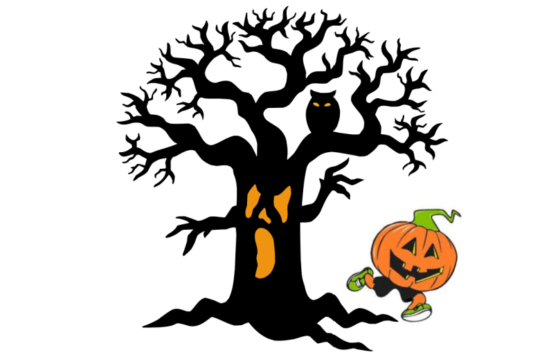 Image shows a spooky halloween tree with a Jack-o-lantern with legs running beneath it. It is in a cartoonish style.