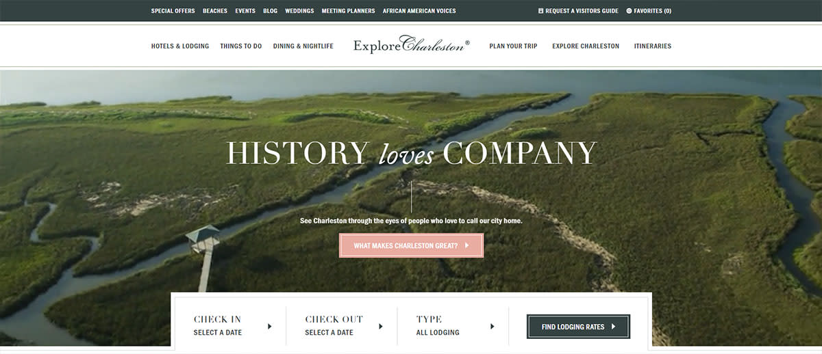 Explore Charleston homepage with "History loves Company" overlaying a coastal scene