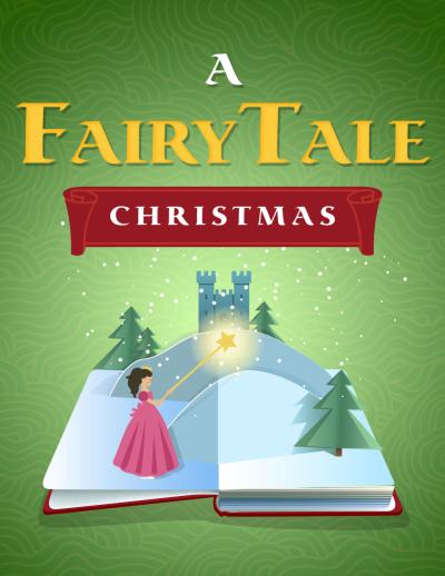 cartoon graphic of an open book with a castle and wintery fair tale scene