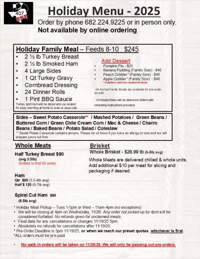 407 BBQ Holiday Menu 2025