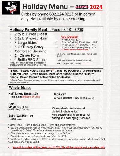 407BBQ 2024 Thanksgiving Menu