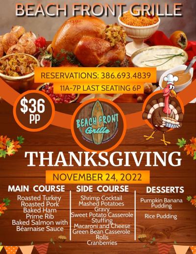 Details of the Beach Front Grille Thanksgiving dinner menu, hours, and RSVP information.
