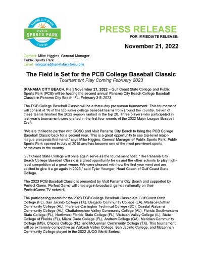PCB College Baseball Classic - Press Release