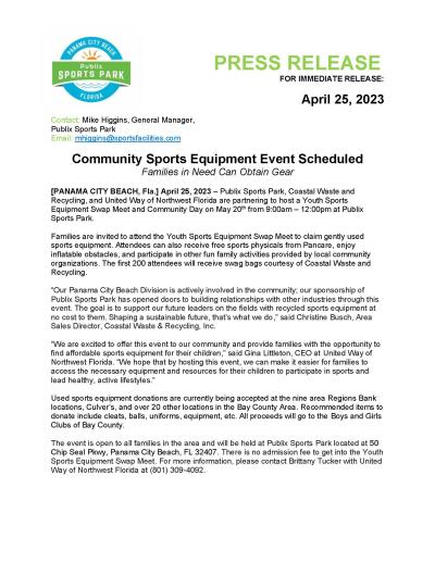 Youth Sports Equipment Swap Meet Press Release