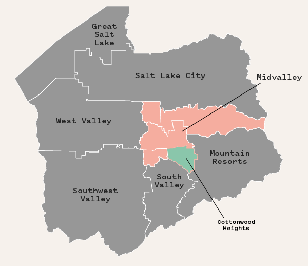 Salt Lake County areas map highlighting Midvalley and Cottonwood Heights