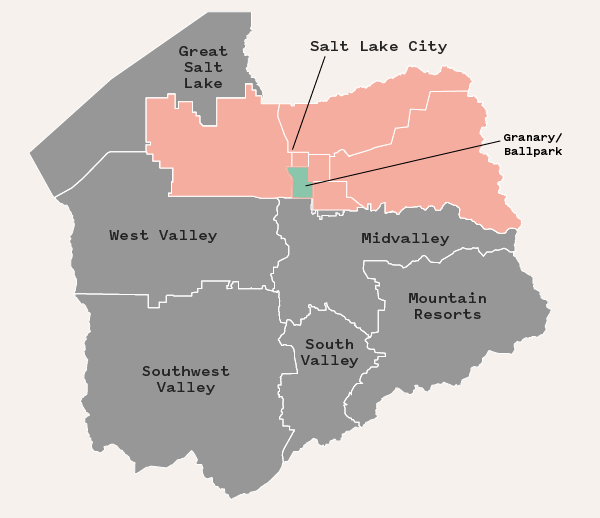 Map of Salt Lake county with Salt Lake City area highlighted and granary district pointed out