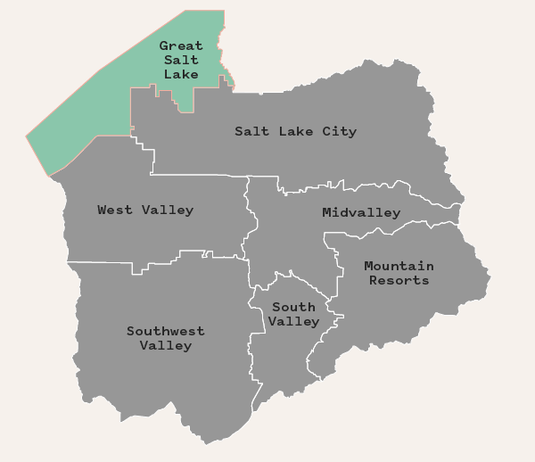 Great Salt Lake area highlighted green on a map of Salt Lake County areas