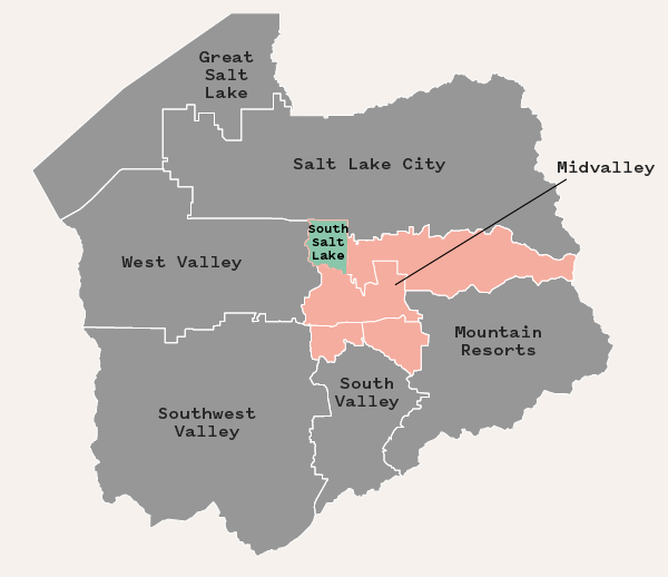 Map of Salt Lake County divided into sections with South Salt Lake highlighted