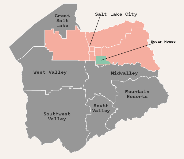 Map of Salt Lake county with Salt Lake City highlighted and Sugar House area also highlighted