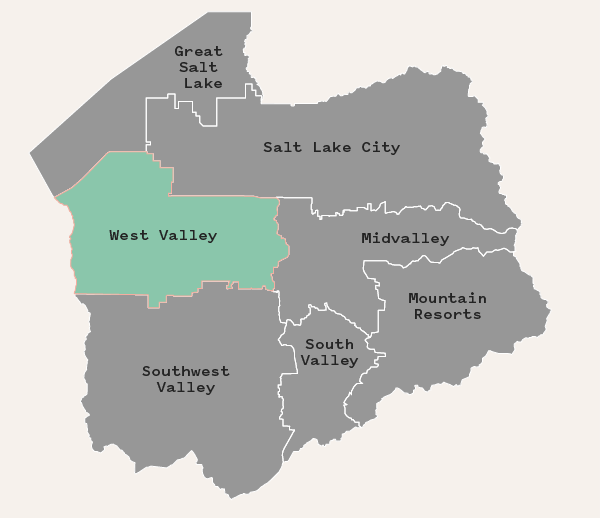 Map of Salt Lake County with West valley area highlighed in Green